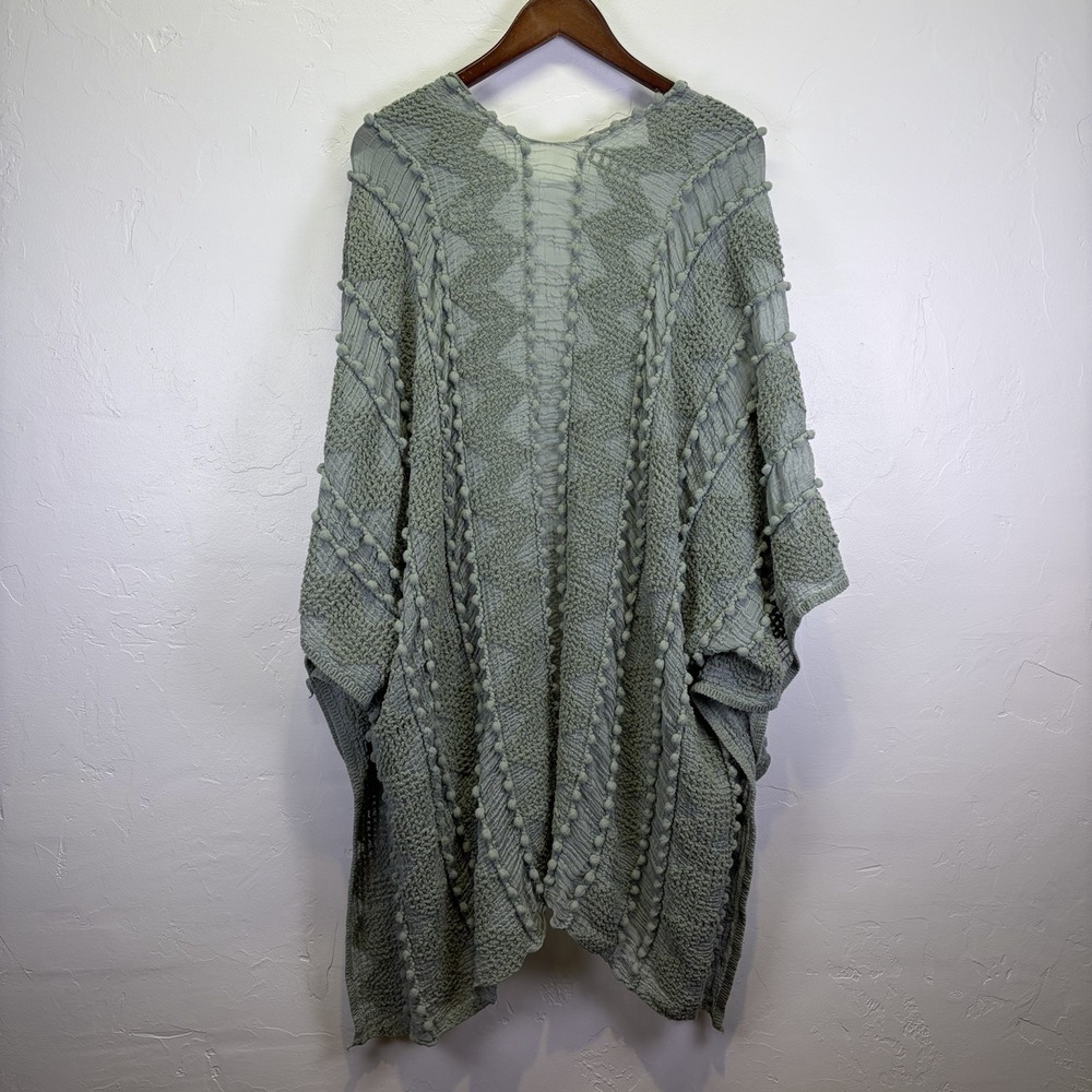 Woman's One Size Sage Lightweight Kimono Beach Coverup Sheer Pom Pom Bohemian - Picture 2 of 10